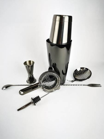 Zestaw barmański czarny błyszczący Gun metal black 6 elementów: tin tin,sitko,julep,jigger,łyżka,nalewak