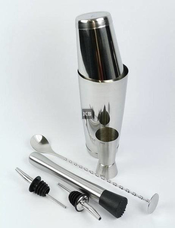 Zestaw barmański do drinków i koktajli Tin tin - 7 elementów: shaker Tin tin, jigger, łyżka, muddler, 2 nalewaki