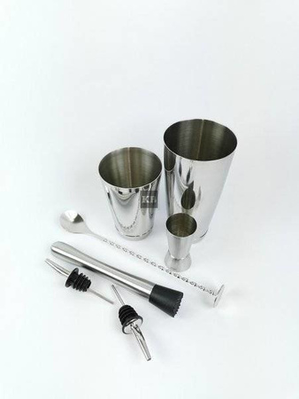 Zestaw barmański do drinków i koktajli Tin tin - 7 elementów: shaker Tin tin, jigger, łyżka, muddler, 2 nalewaki