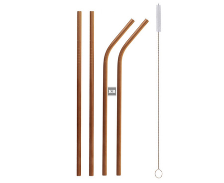 Rurki słomki metalowe różowo- złote, 2 zagięte, 2 proste i szczoteczka